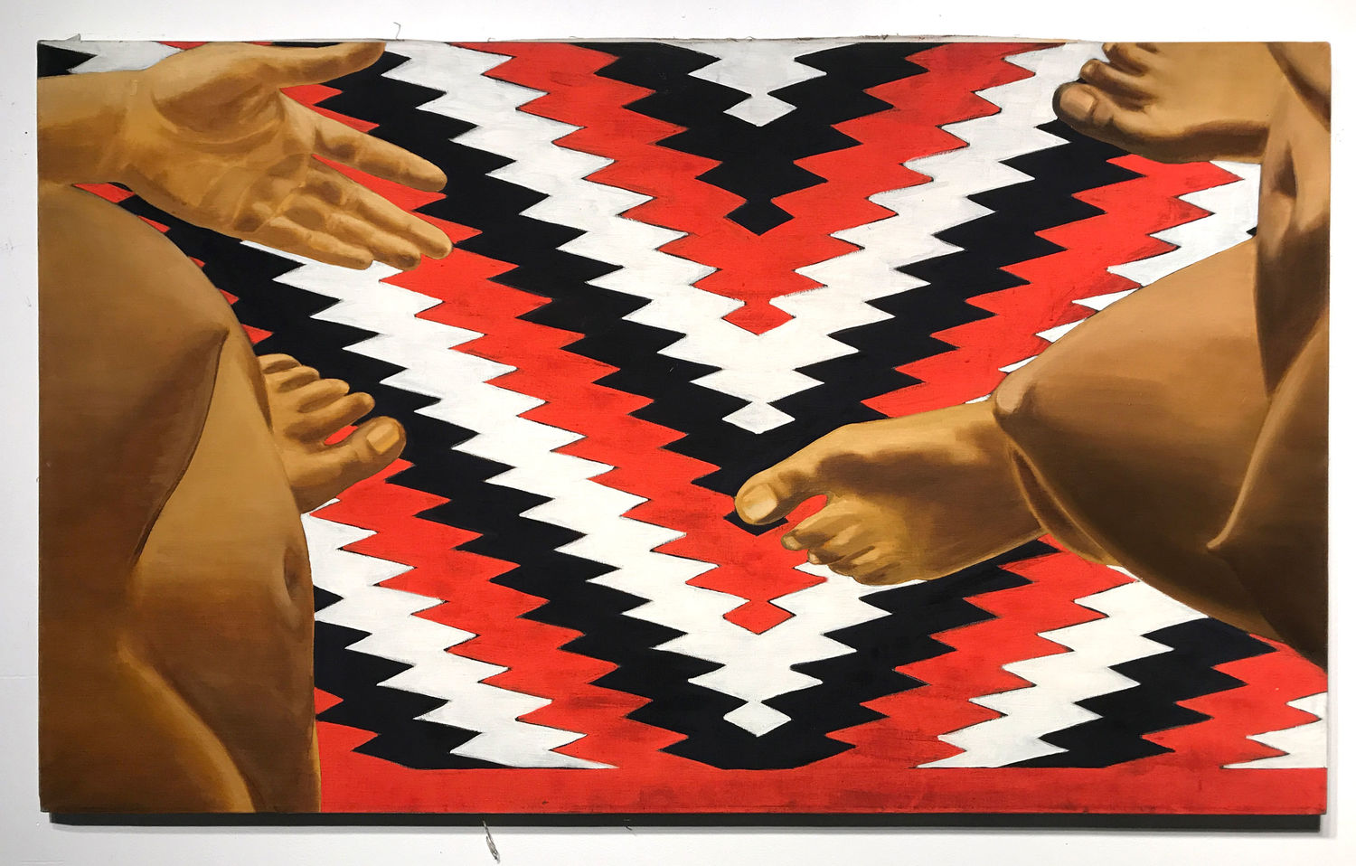 Luchita Hurtado's Untitled from 1970, with hands, feet, and rounded body forms entering a red, black, and white zigzag field from the canvas edges.