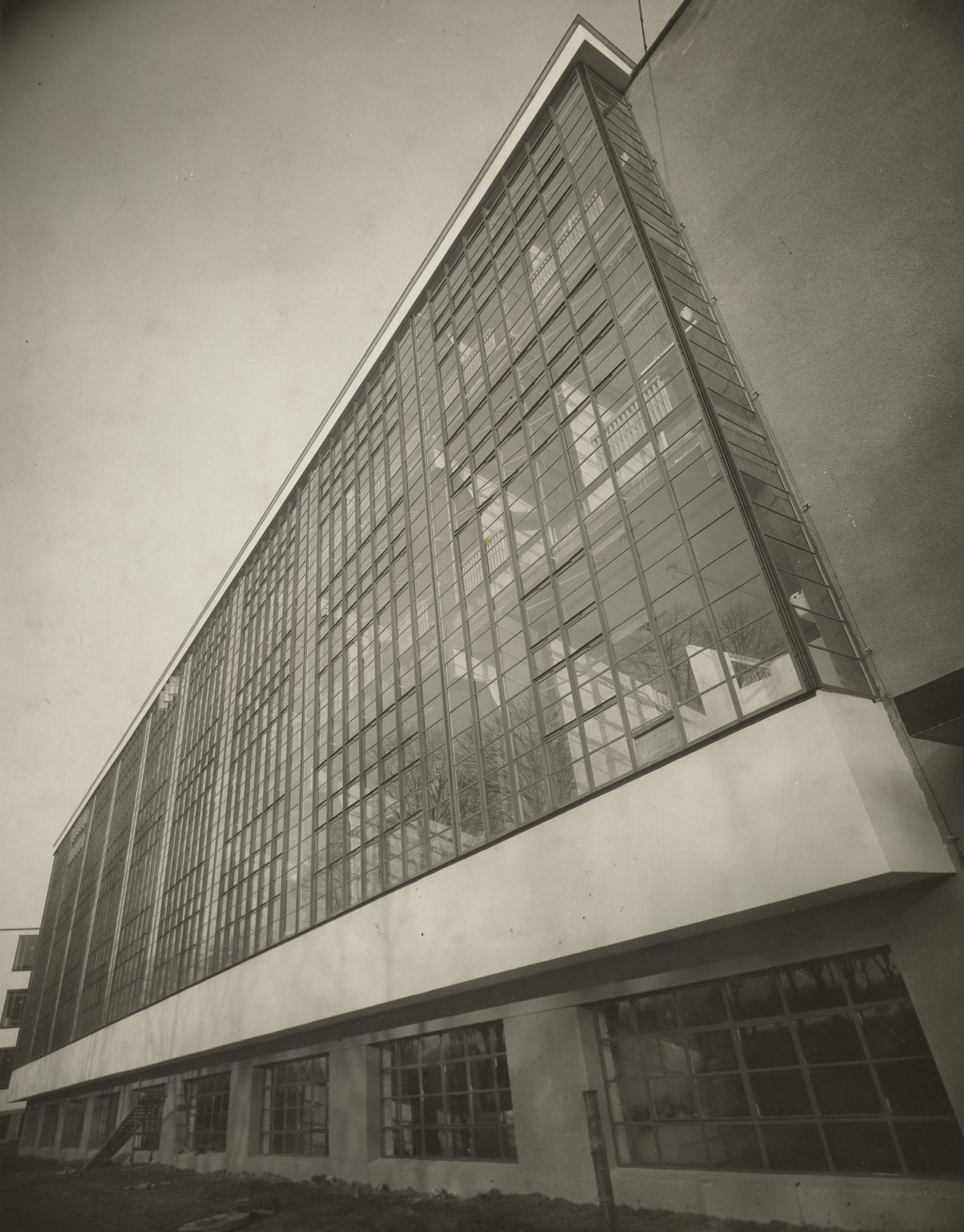 Lucia Moholy's black-and-white photograph looking sharply upward along the glass facade of the Bauhaus workshop building in Dessau.