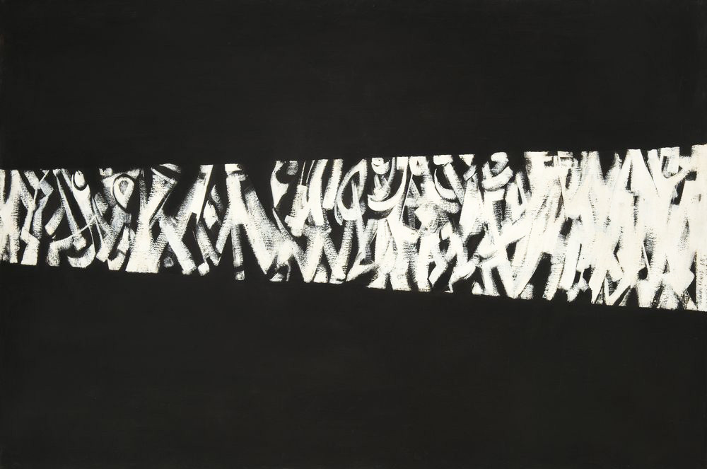 Norman Lewis's Processional, an abstract painting with a dense horizontal procession of white, gray, and black marks crossing a broad black field.