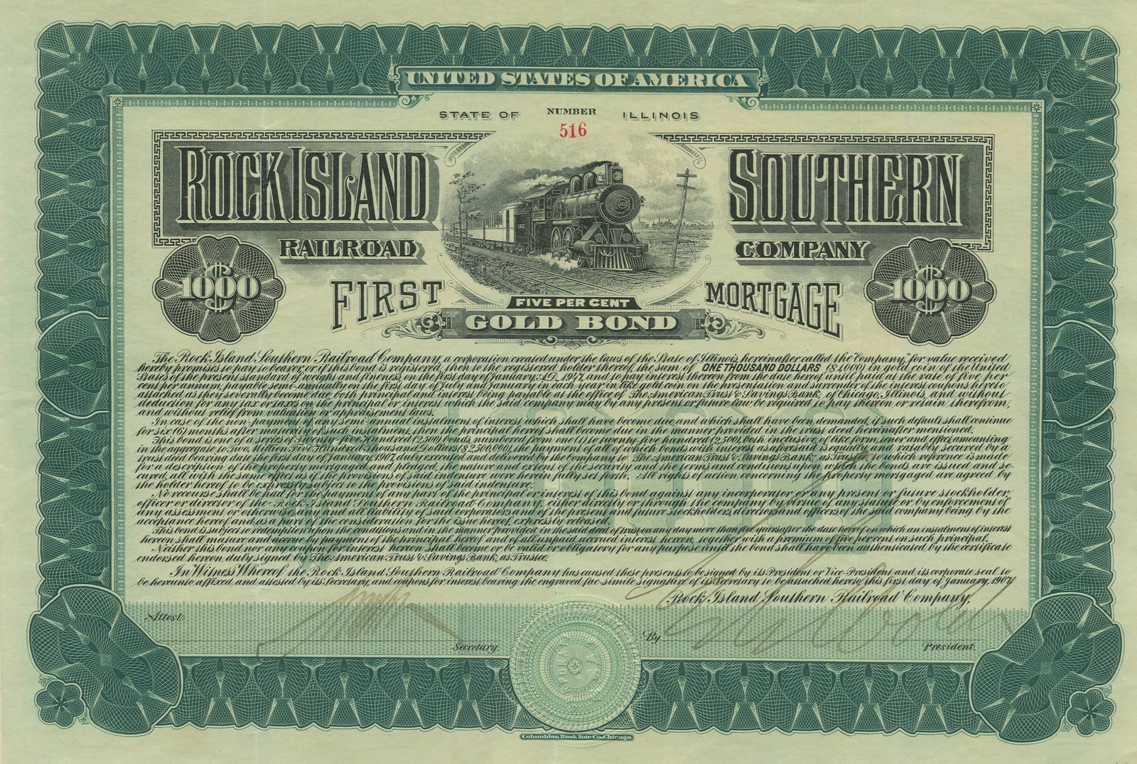 Green engraved Rock Island Southern Railroad gold bond with a steam locomotive, a prominent coupon label and printed repayment terms.