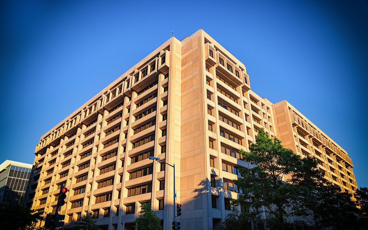 The International Monetary Fund headquarters in Washington, D.C., seen from the street.