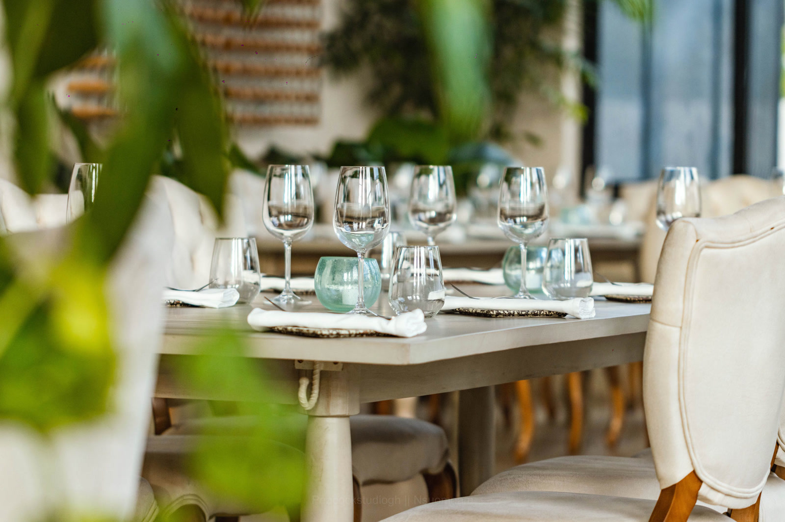 A formally set table in NsuomNam's bright Accra dining room, seen through soft green leaves, with clear stemware, pale chairs and folded white napkins.