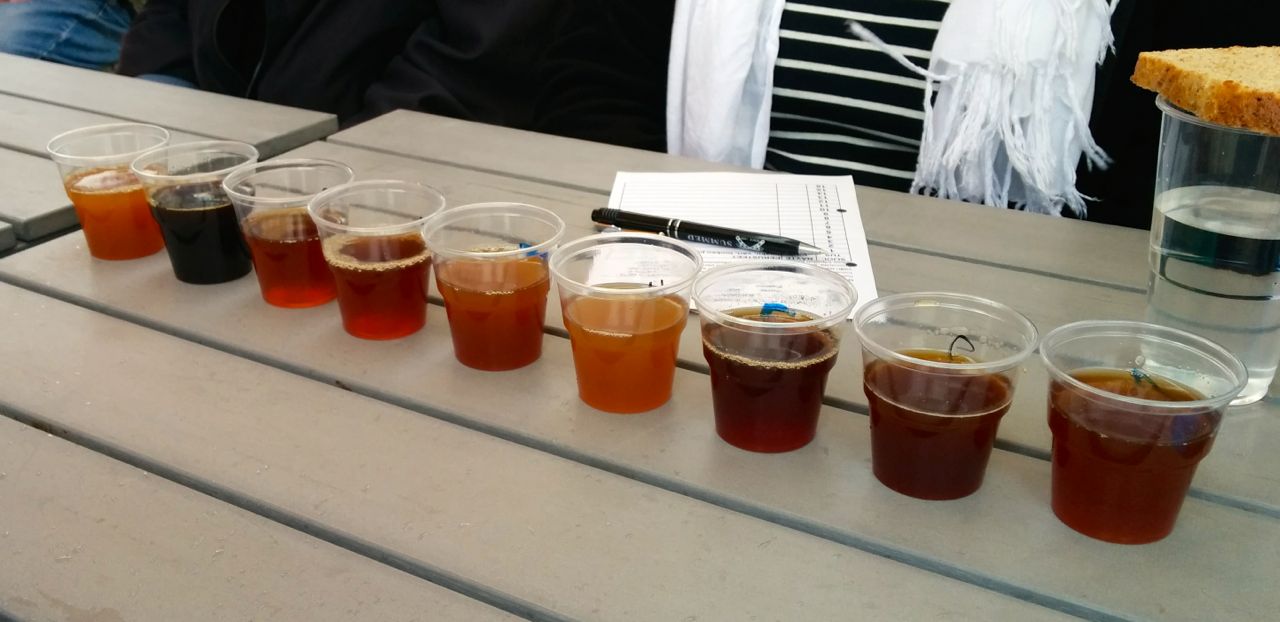 A row of clear tasting cups holds sahti samples ranging from amber to deep brown on a table beside tasting notes.