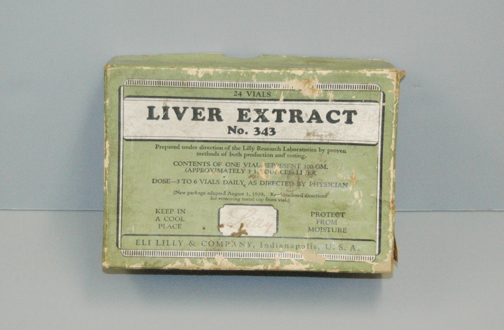 A worn green Eli Lilly Liver Extract No. 343 box with its original printed dosage label.