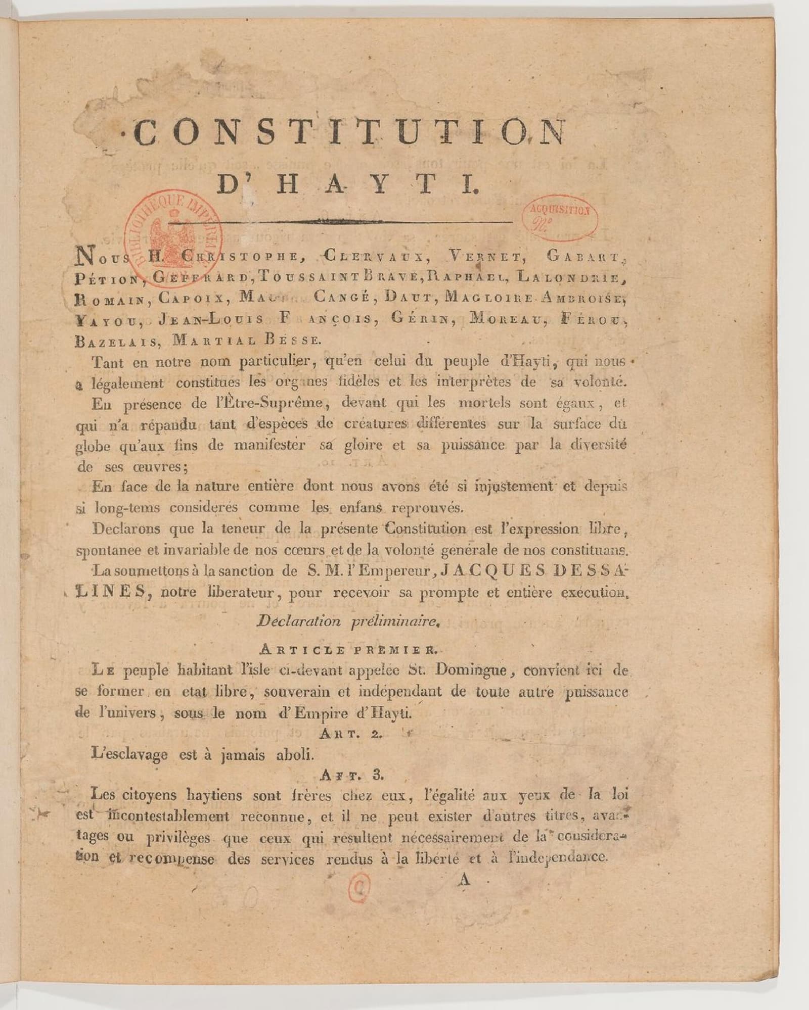 The age-darkened first page of Haiti’s 1805 Constitution, densely printed in French beneath the heading Constitution d’Hayti.