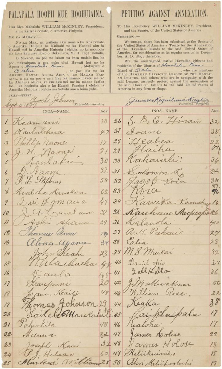 1897 年夏威夷反吞并请愿书的一页，上方印有夏威夷语和英语文字，下方手写着姓名与年龄。