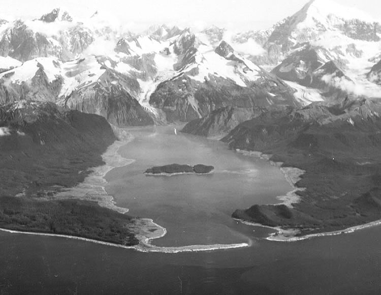 Aerial photograph of Lituya Bay after the 1958 tsunami, with pale strips of cleared forest along the shore beneath steep mountains.