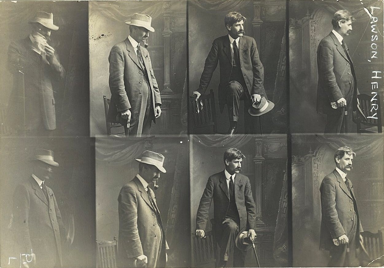 Eight studio poses of Henry Lawson, standing with a hat or resting one knee on a chair, on a single archival portrait sheet.