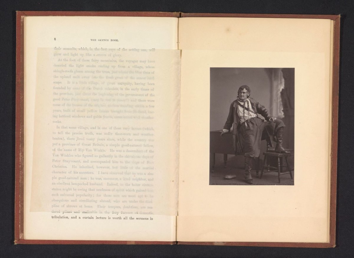 An open volume with a tissue guard on the left and a mounted photograph of Joseph Jefferson as Rip Van Winkle on the right.