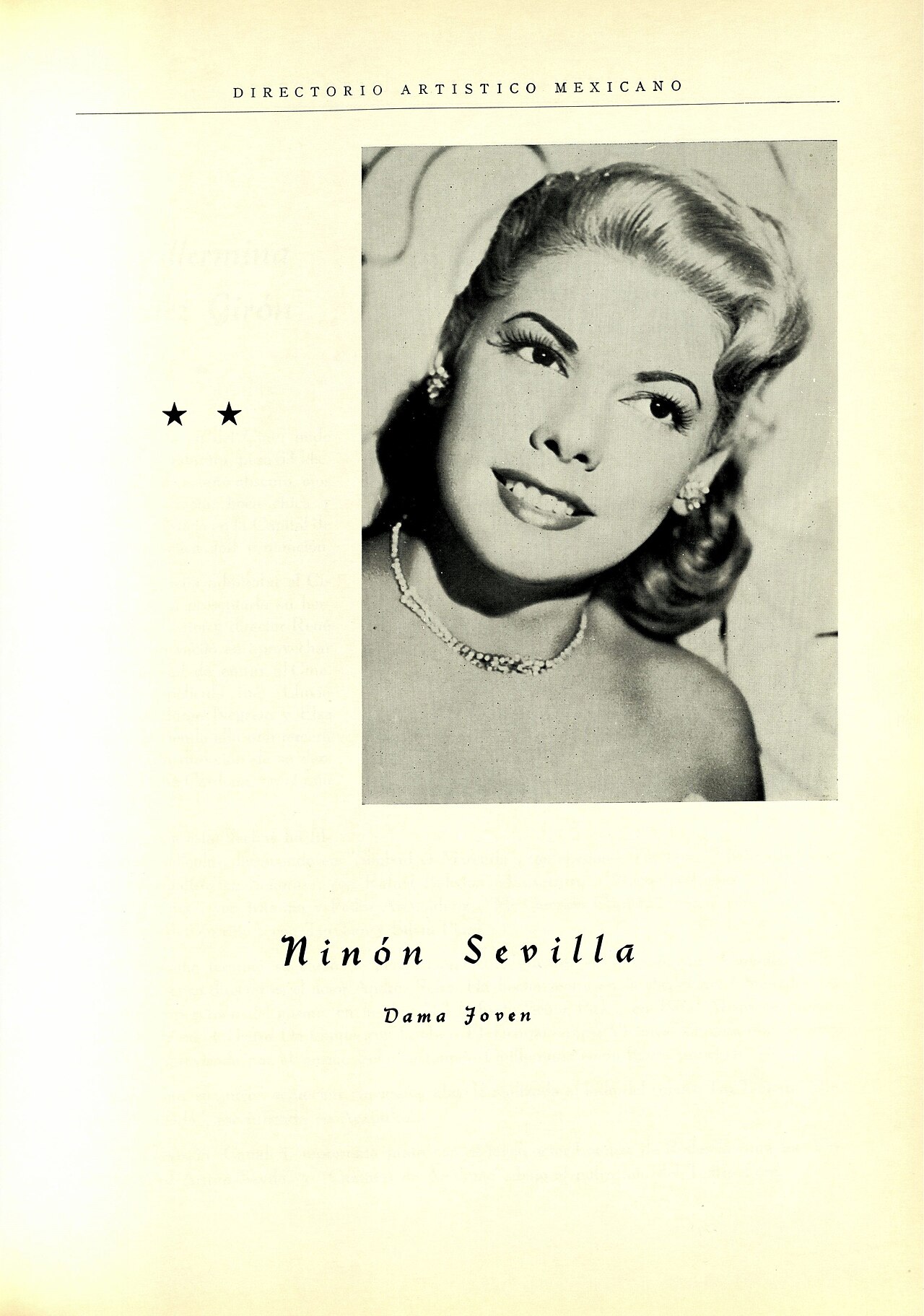 Scanned page from a 1954 Mexican artists' directory with a black-and-white headshot of Cuban-Mexican actor and dancer Ninón Sevilla wearing earrings and a necklace.