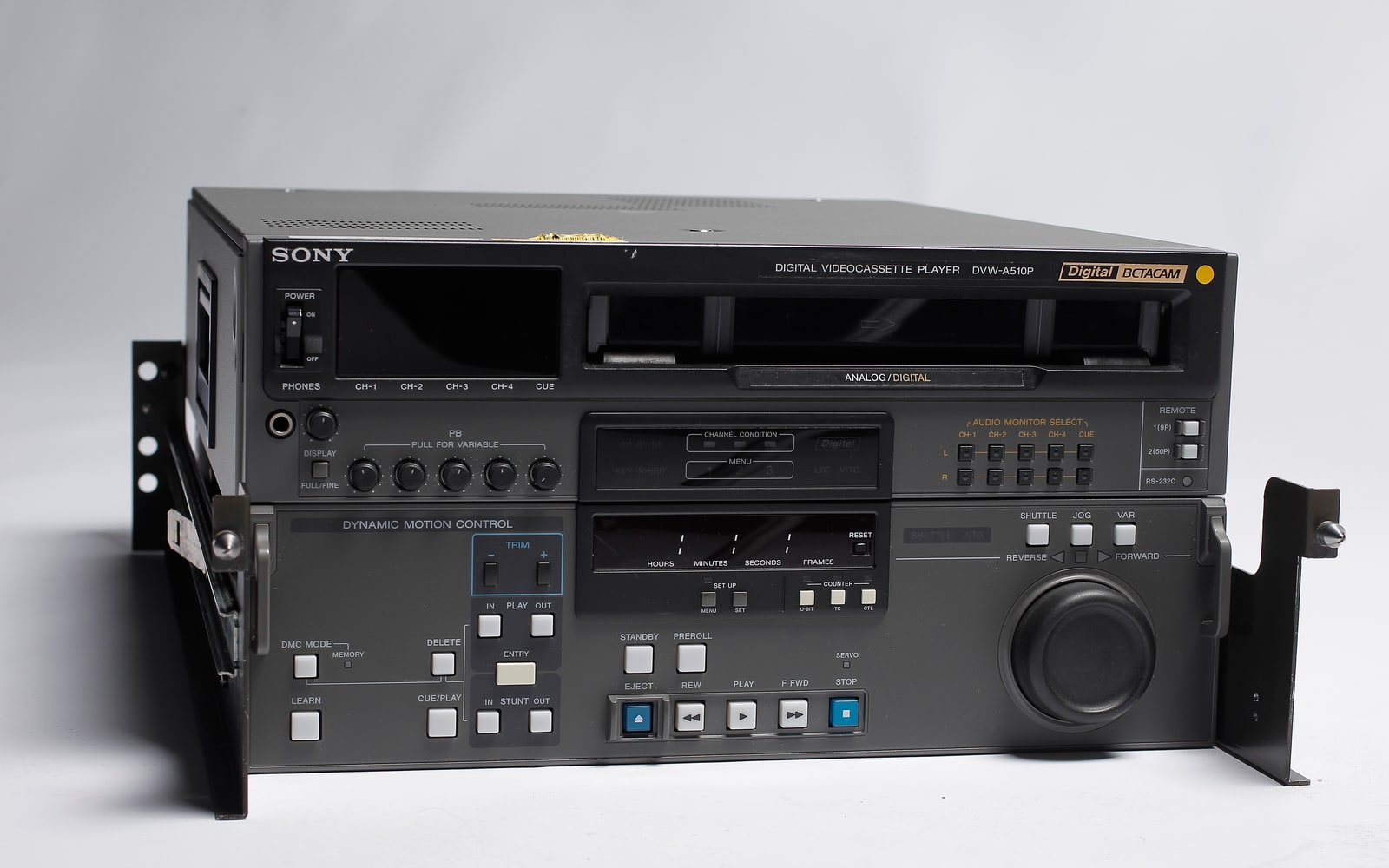 Front panel of a black Sony DVW-A510P Digital Betacam deck, showing its tape slot, audio meters, transport buttons, and jog wheel.
