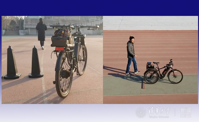 Two photographs of Tsinghua's riderless bicycle on a running track, with electronics above its rear wheel and a person walking nearby.