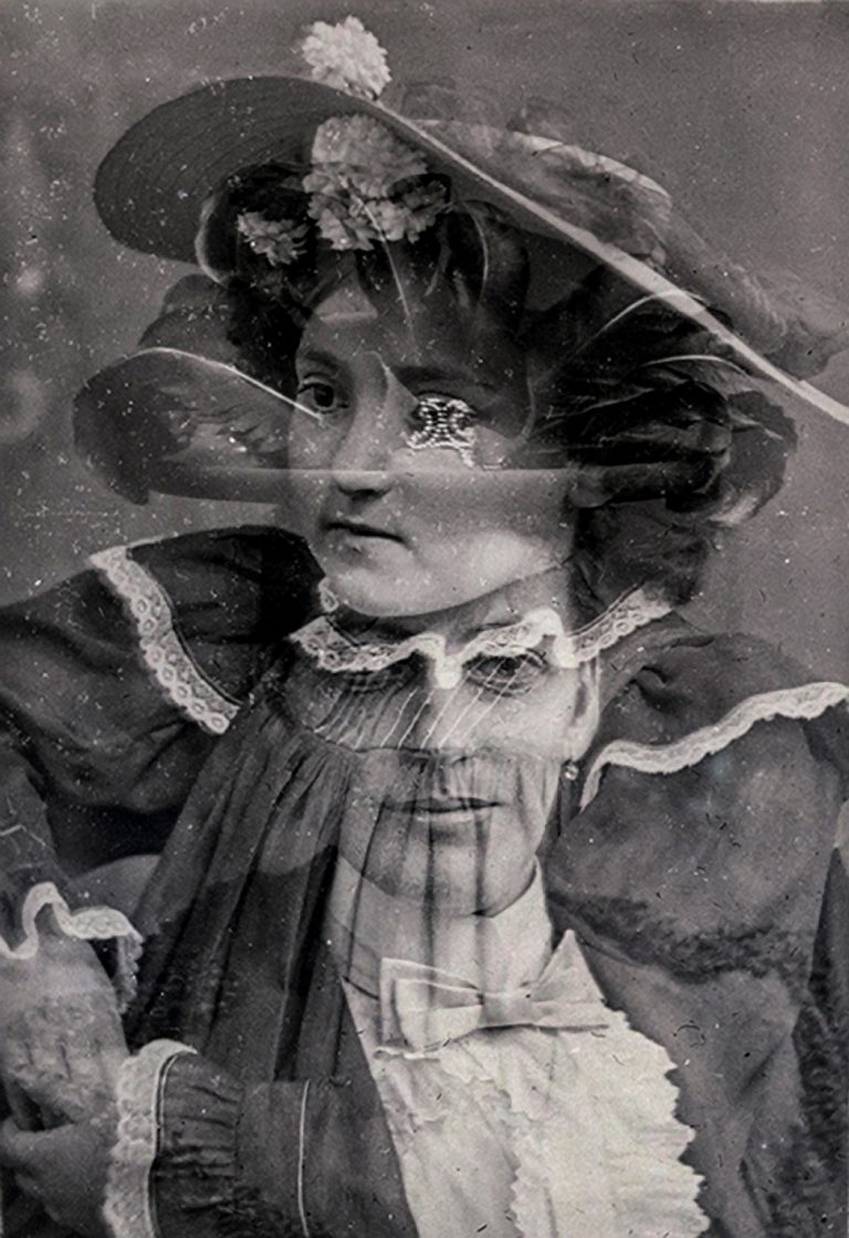Overlapping black-and-white portraits, with a woman's flower-trimmed hat and lace collar crossing another woman's face.