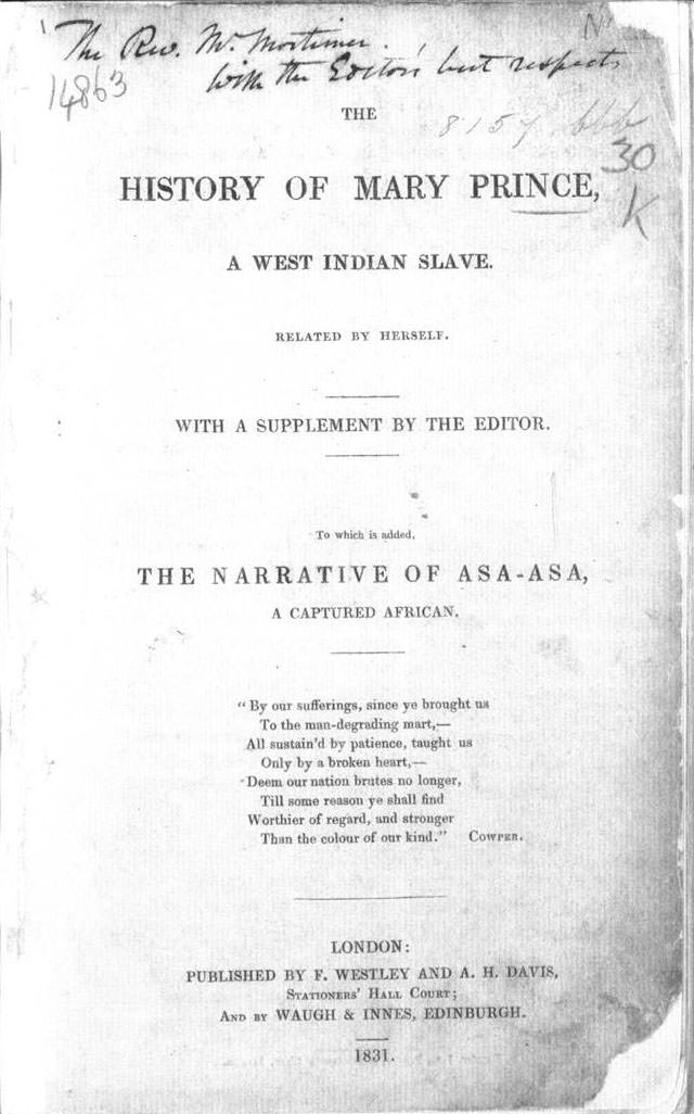 The worn title page of Mary Prince's 1831 narrative, with her name above the words Related by Herself and the notice of an editor's supplement.
