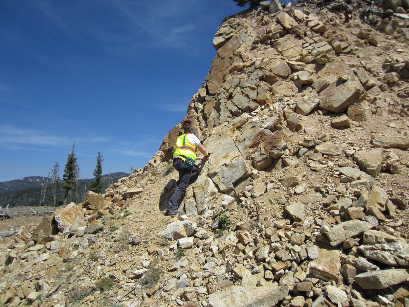 A field geologist measures the orientation of a pale, fractured rock outcrop with a handheld instrument.