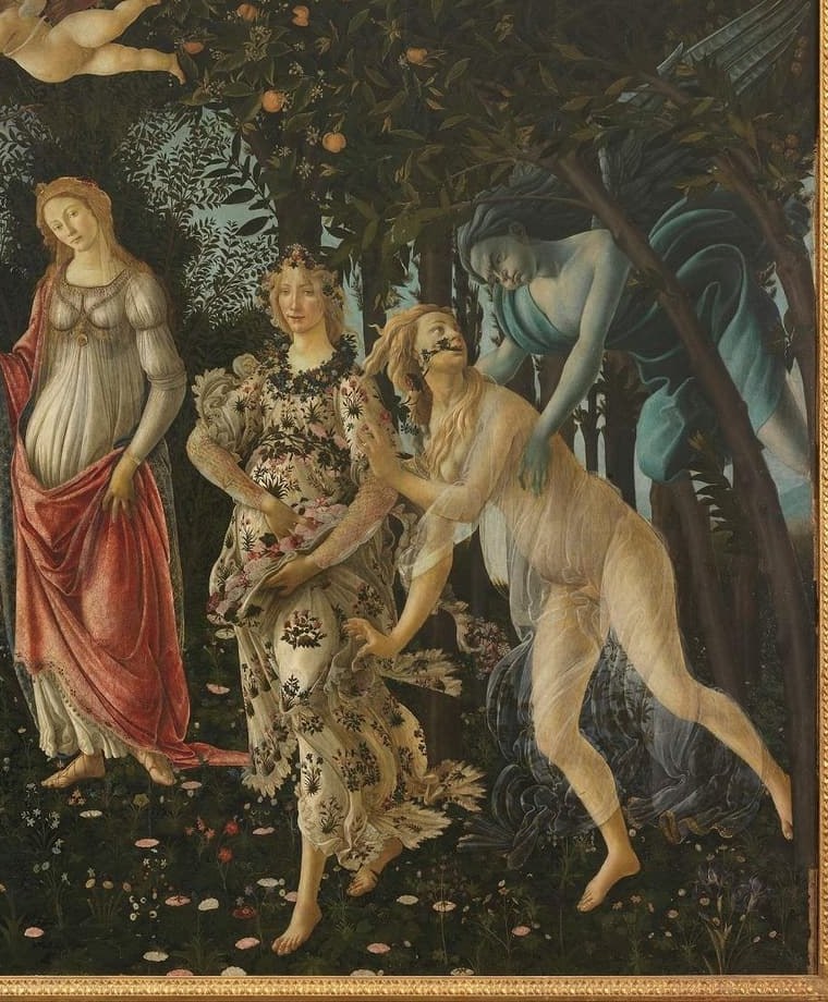Detail crop from Botticelli’s Primavera focusing on Flora’s flowered dress, nearby orange leaves, and the dense grove surface on the right half of the panel.