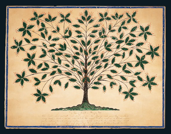 Hannah Cohoon's 1845 Shaker gift drawing The Tree of Light or Blazing Tree, with a radiant symmetrical tree covered in flame-like leaves.