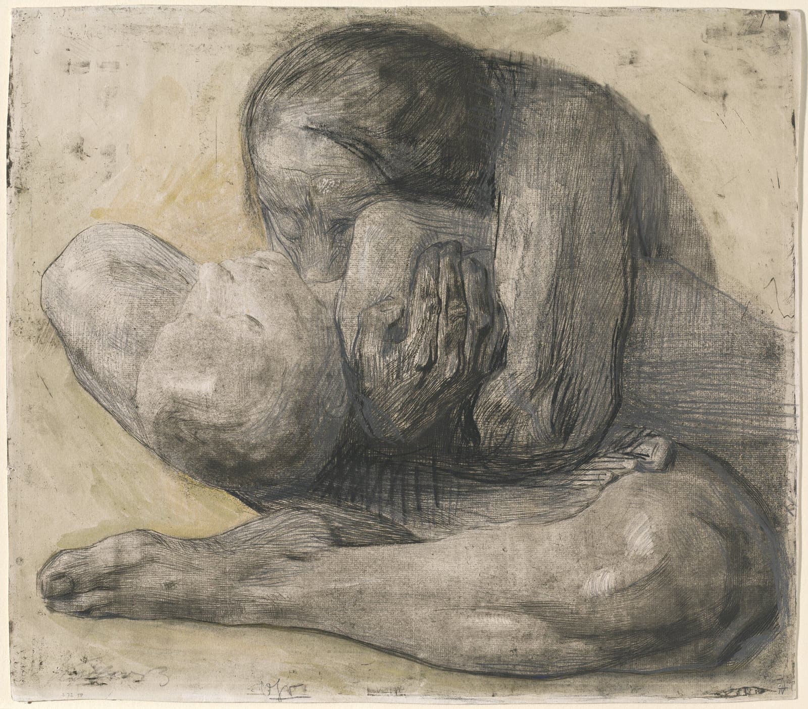 Käthe Kollwitz's Woman with Dead Child, an etching in which the mother curls over the child in a tightly compressed field of grief.