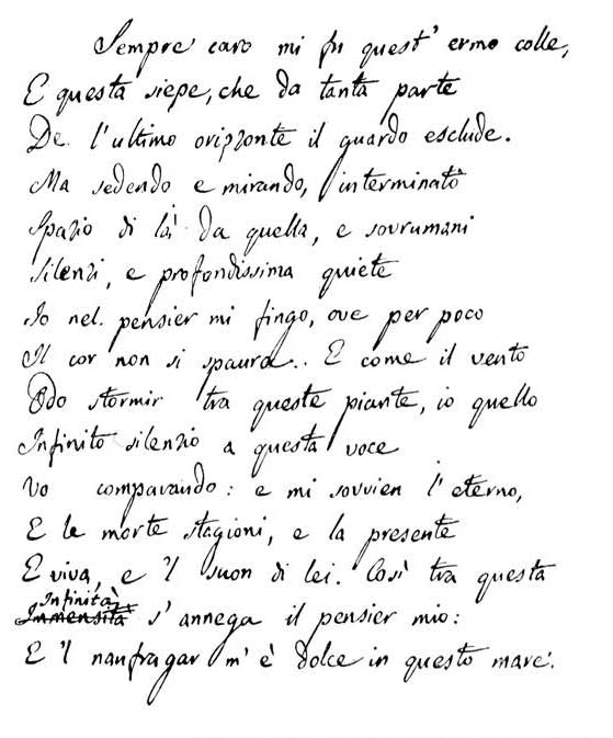 Leopardi’s L’infinito in flowing black handwriting, with a crossed-out word and revision near the bottom of the manuscript.