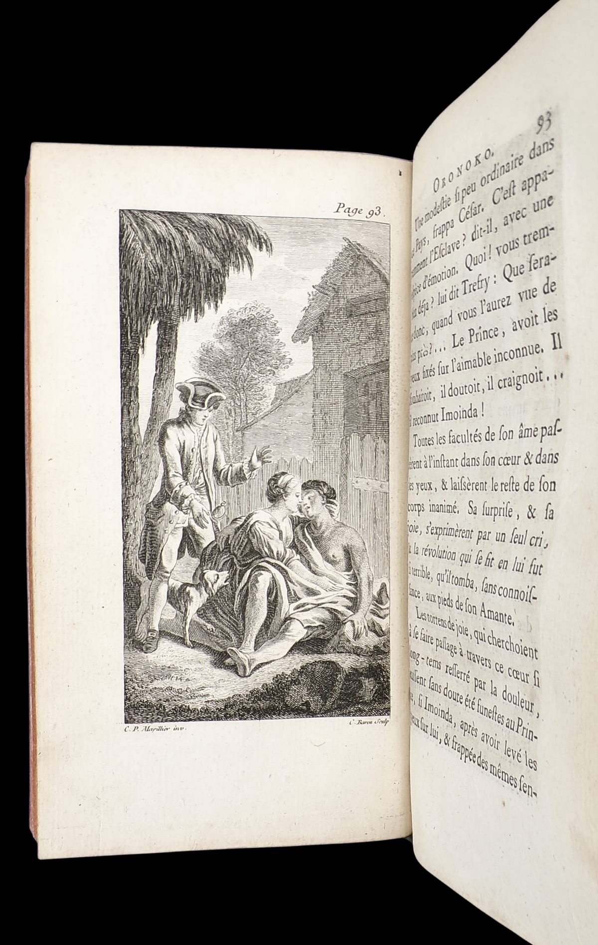 一册打开的 1769 年法文插图版阿芙拉·贝恩《奥鲁诺科》实物照片，画面可见陈旧书页、印刷文字与古旧装帧。