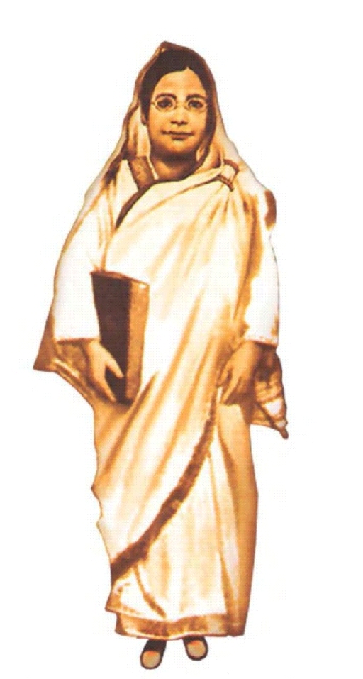 Archival portrait of Rokeya Sakhawat Hossain in a sari, holding a book.