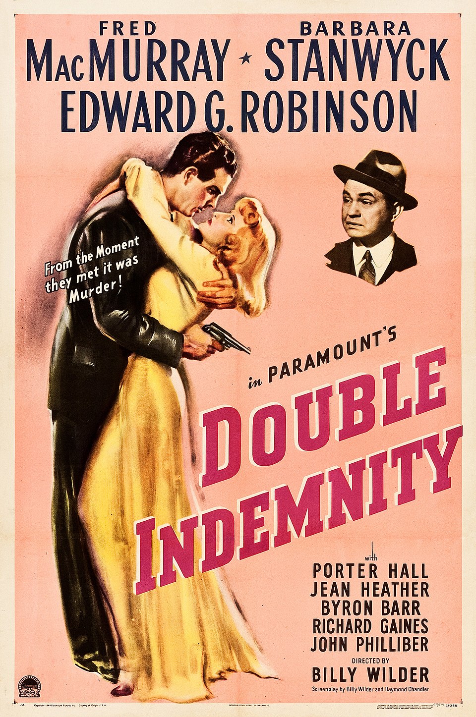Poster artwork for Double Indemnity (1944), a key reference in classic Hollywood film noir.